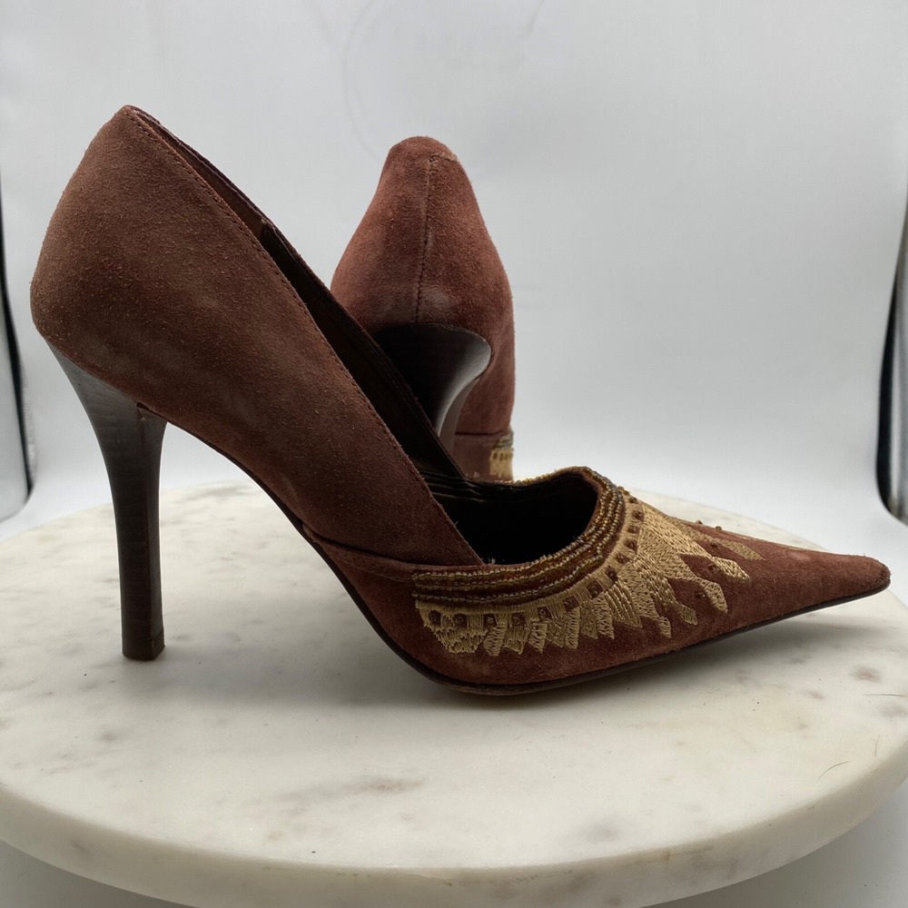 Aldo Brown and Gold Embroidered Leather Suede Heels Pumps